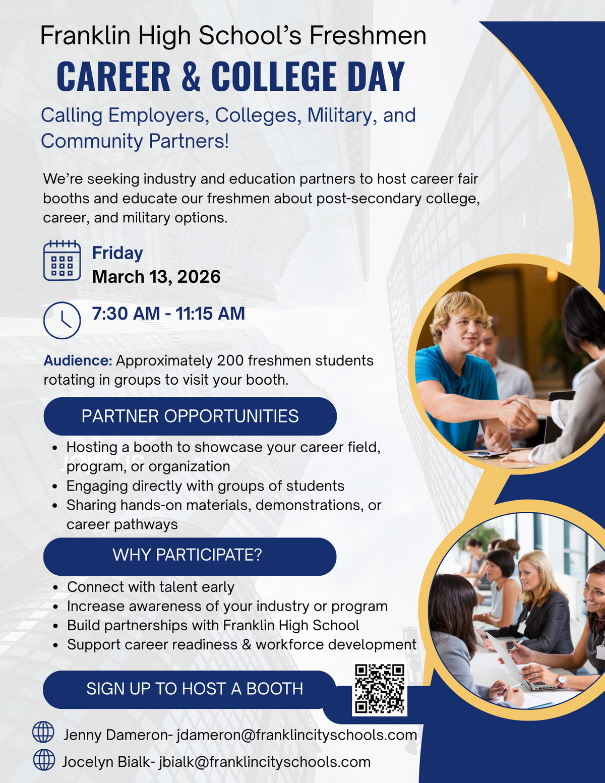 A poster with information about a collge and career fair for Franklin High School freshmen on March 13,